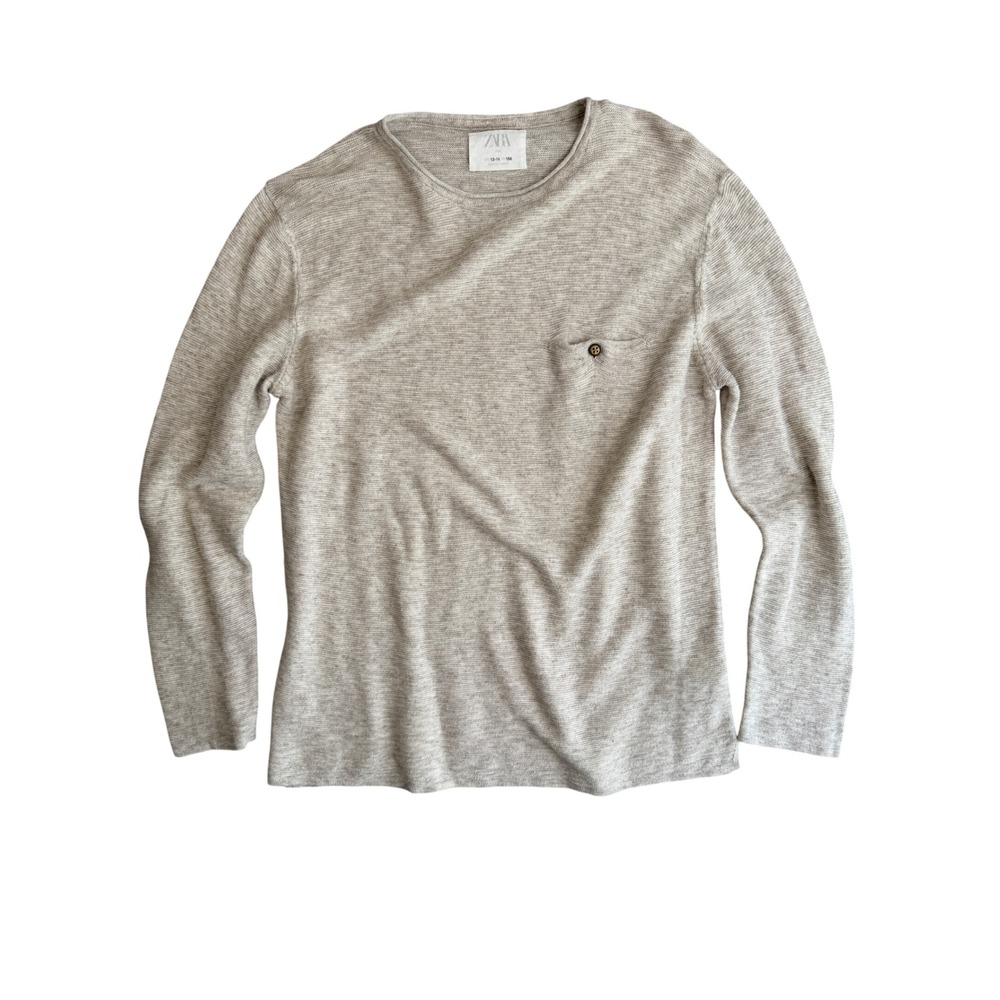 Zara Kids Long Sleeve Pocket Top 13-14 Beige Cotton Linen Earthy Coastal T Shirt